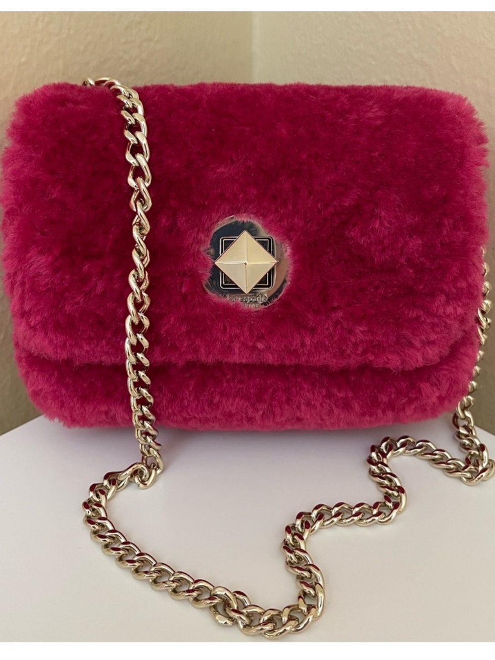 Kate Spade Festival Pink Audrey Shearling Micro Crossbody w/ Gold Chain